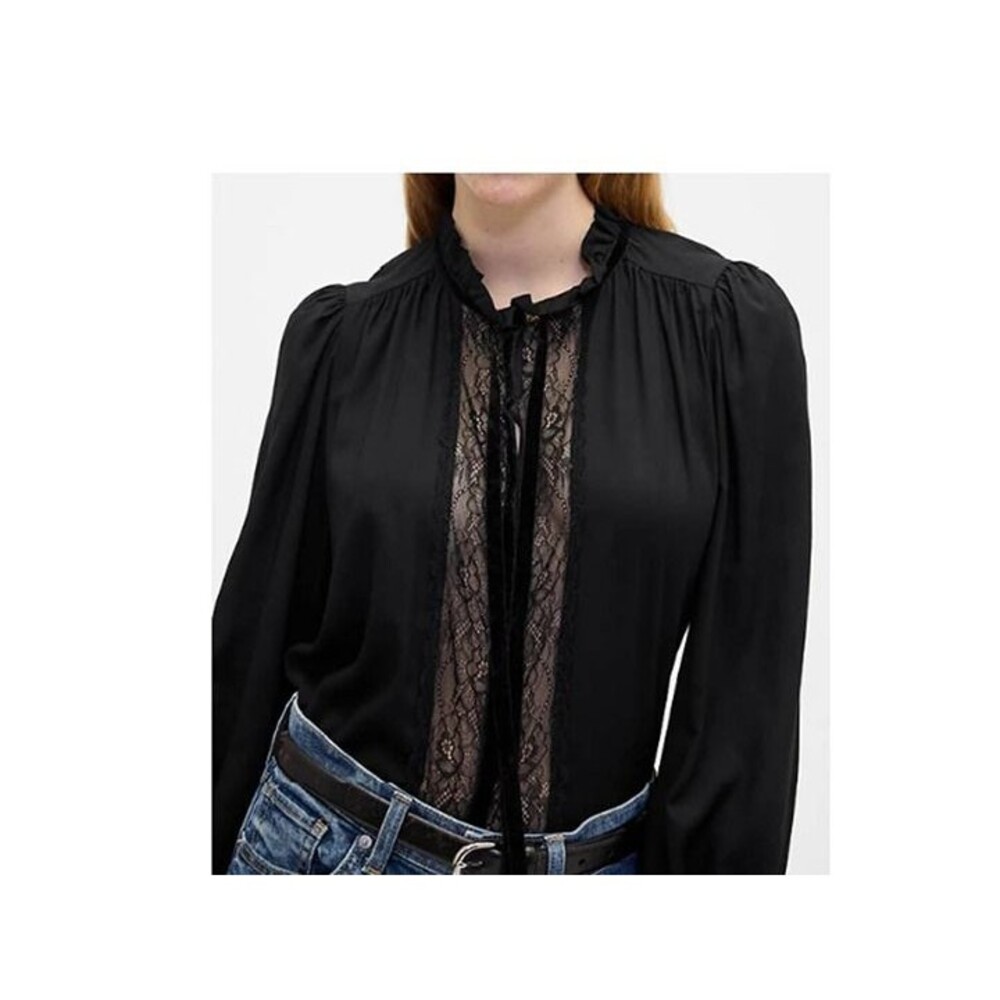 GAP Relaxed Ruffle Top Long Sleeve Whimsy Black Smooth Weave Fairy Grunge $60